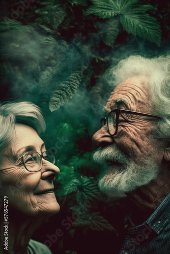 Cannabis 420 Culture: A Beautiful Artistic Designer Portrait of Caucasian Elderly Men and Women Adventuring Happily with Weed Marijuana with Colorful Psychedelic Smoke Background (generative AI