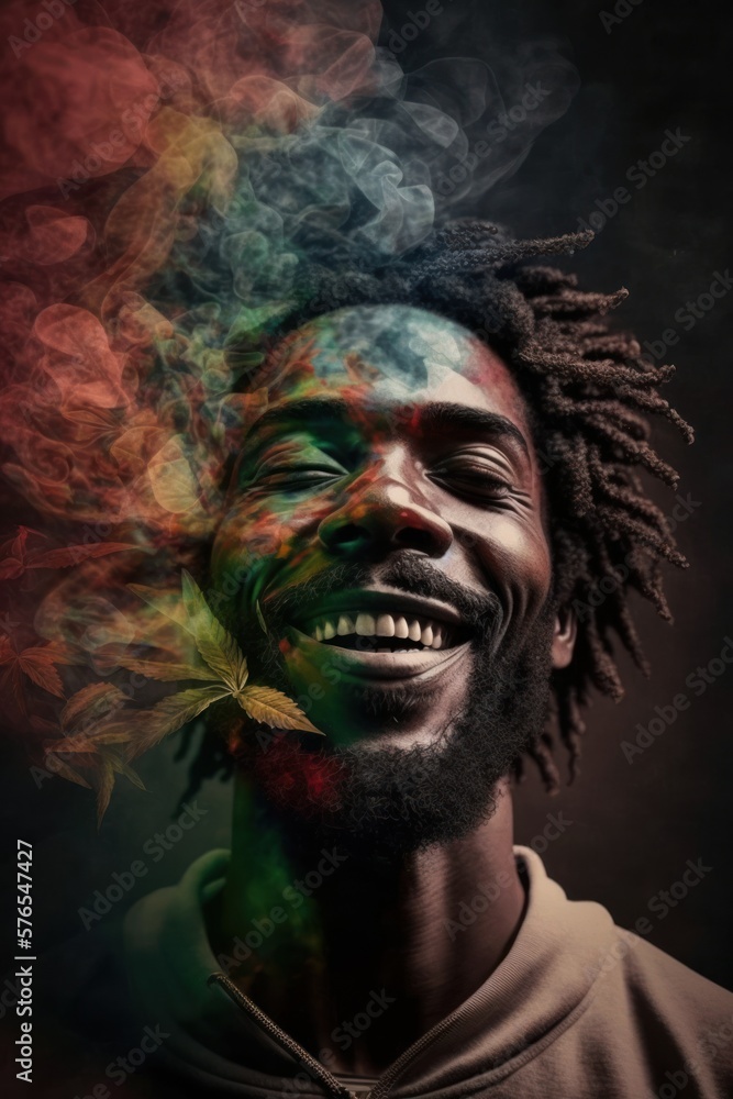 Obraz premium Cannabis 420 Culture: A Beautiful Artistic Designer Portrait of Multiracial Man Adventuring Happily with Weed Marijuana with Colorful Psychedelic Smoke Background (generative AI