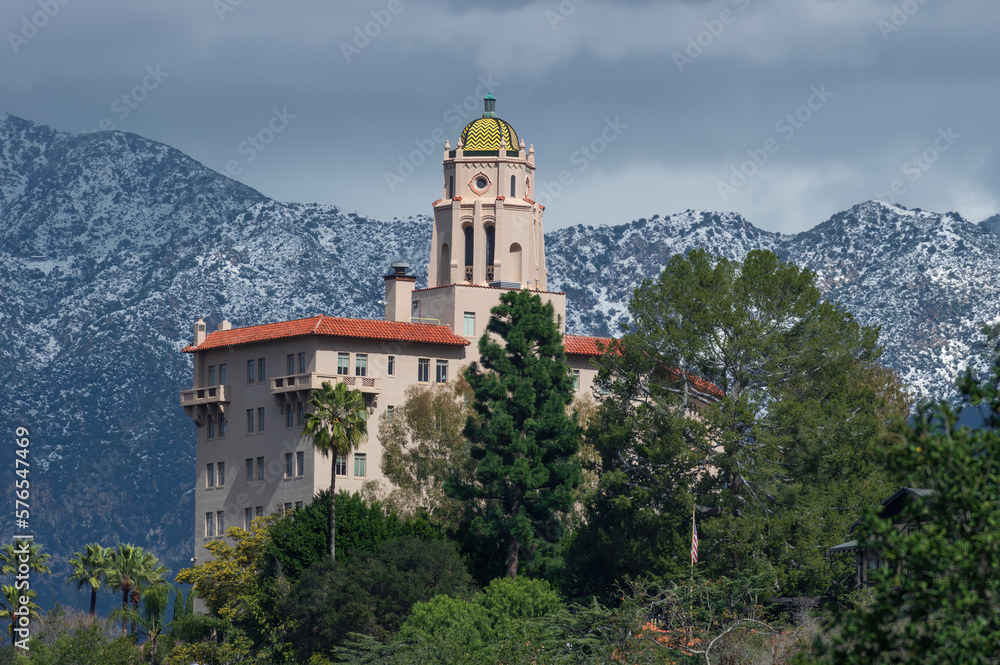 The Richard Chambers Courthouse in Pasadena including the San Gabriel Mountains in the background shown after a snowstorm.