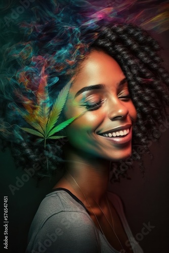 Cannabis 420 Culture: A Beautiful Artistic Designer Portrait of Multiracial Woman Adventuring Happily with Weed Marijuana with Colorful Psychedelic Smoke Background (generative AI