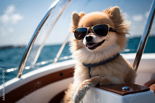 cute dog wearing sunglasses sitting in a yacht, generative ai © pham