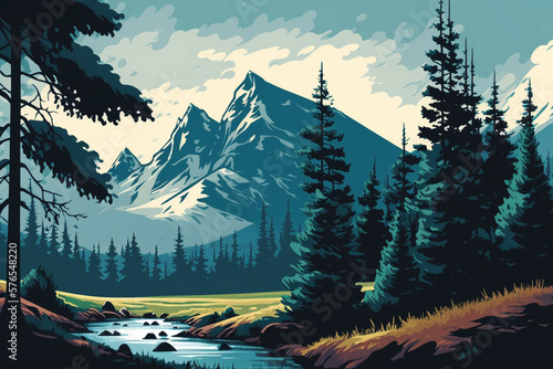 Mountain and Forest - Landscape Painting - Temperate - by Generative AI