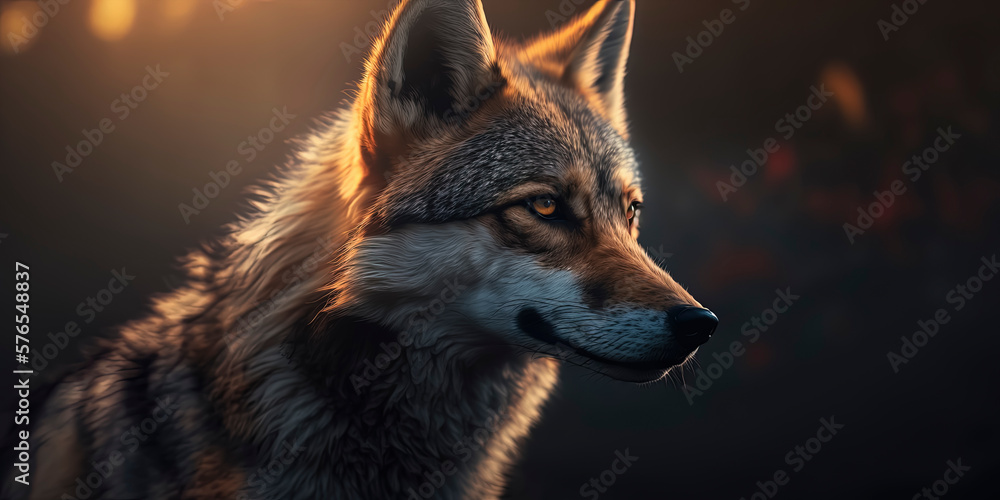 This photograph beautifully captures a wolf in sharp focus against a background of natural light flares and bokeh. AI-Generated