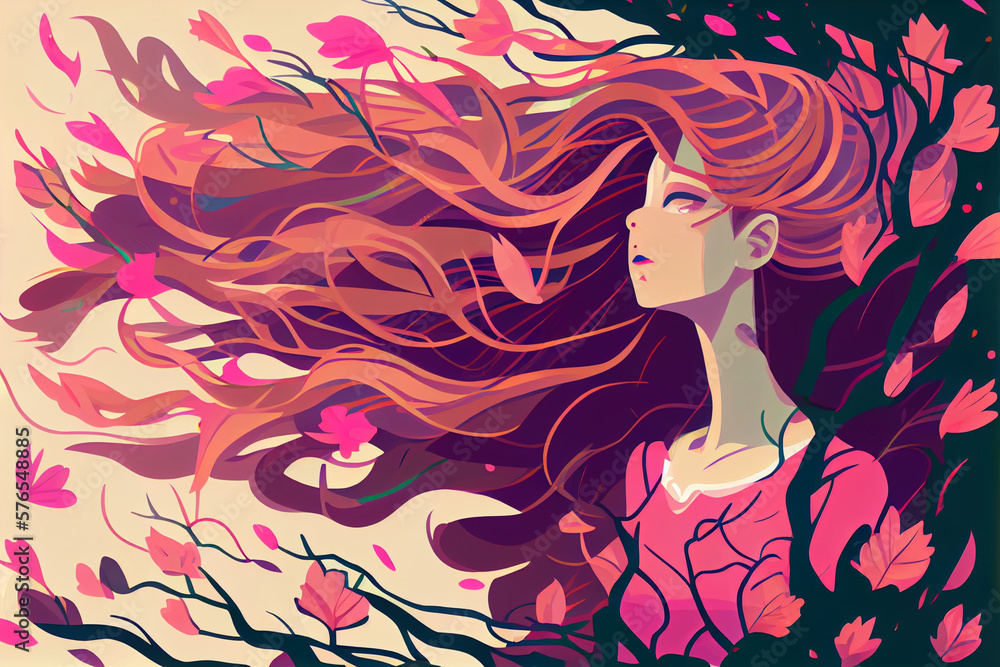 graphic concept art, a women with springtime running through her long flowing hair