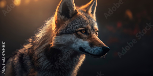 This photograph beautifully captures a wolf in sharp focus against a background of natural light flares and bokeh. AI-Generated