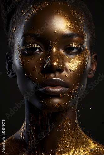 Editorial photography, black woman, dripping in gold and glitter. AI-Generated