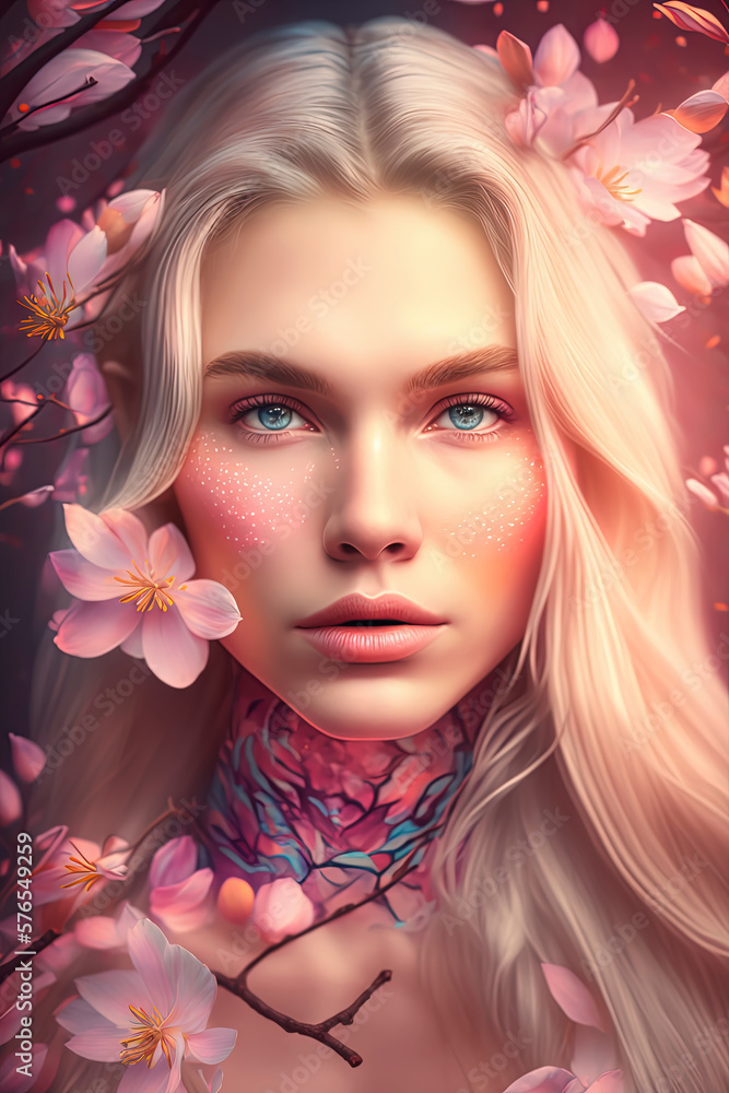 Editorial photography, blonde woman, inspired by celestial holographic iridescent peach blossoms. AI-Generated Editorial photography, blonde woman, inspired by celestial holographic iridescent peach blossoms. AI-Generated
