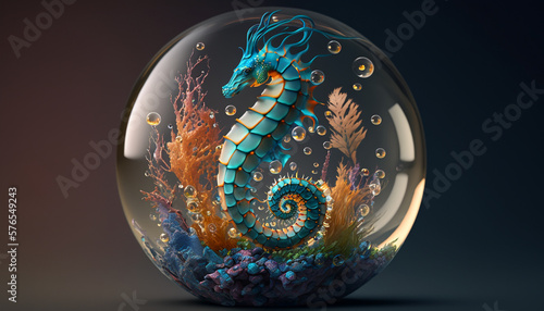 A wildlife beautiful seahorse is in a glass ball. Generative AI.