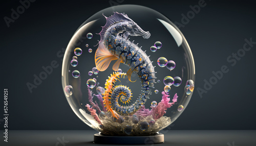 A wildlife beautiful seahorse is in a glass ball. Generative AI.