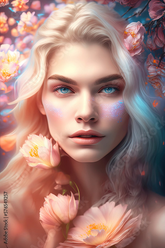 Editorial photography, blonde woman, inspired by celestial holographic iridescent peach blossoms. AI-Generated