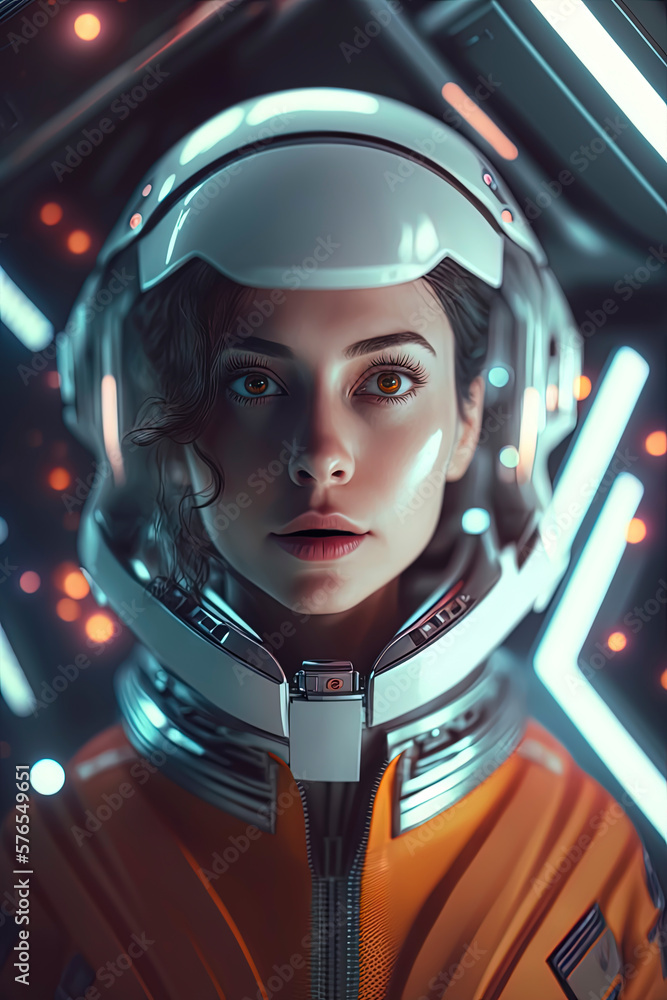 Gorgeous glowing attractive young woman spaceship in space. AI-Generated Gorgeous glowing attractive young woman spaceship in space. AI-Generated