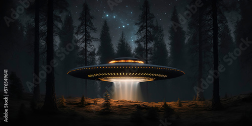 Glowing saucer shaped ufo hovering close to the ground in a dark forest at night, alien writing, sky filled with stars. AI-Generated photo