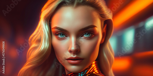 A Welsh android supermodel stares down the camera in this mid-angle shot, with a bright and colorful backdrop providing the perfect contrast for her striking features. AI-Generated photo