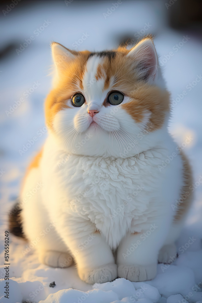 Cute baby cat in the snow with sunset in the background. AI-Generated
