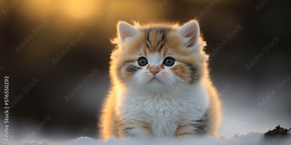 Cute baby cat in the snow with sunset in the background. AI-Generated Cute baby cat in the snow with sunset in the background. AI-Generated