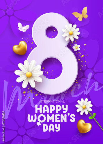 8 march happy women's day with white flowers and butterfly, gold heart, poster concept design on purple background, EPS10 Vector illustration.
