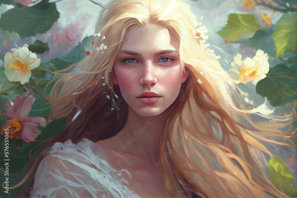 Beautiful girl with long wavy hair fairy tale., fictional woman, generative AI