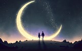 night scenery showing a brother and sister holding hands walking above the sky with the crescent in the starry night, digital art style, illustration painting, Generative AI