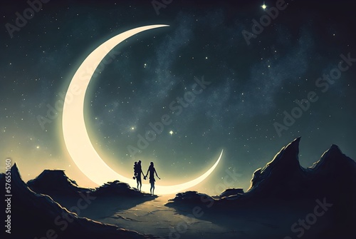 night scenery showing a brother and sister holding hands walking above the sky with the crescent in the starry night, digital art style, illustration painting, Generative AI © MG