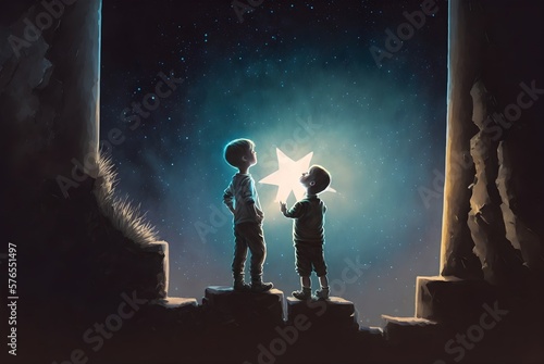 two brothers looking at a big little star, Generative AI © MG