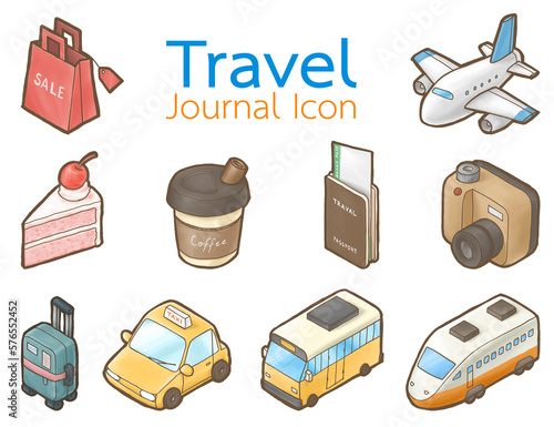 Travel Journal Icon, a digital painting of airplane, shopping bag, strawberry cake, coffee cup, passport book, film camera, luggage, taxi, bus and high speed rail in isometric raster 3D illustration