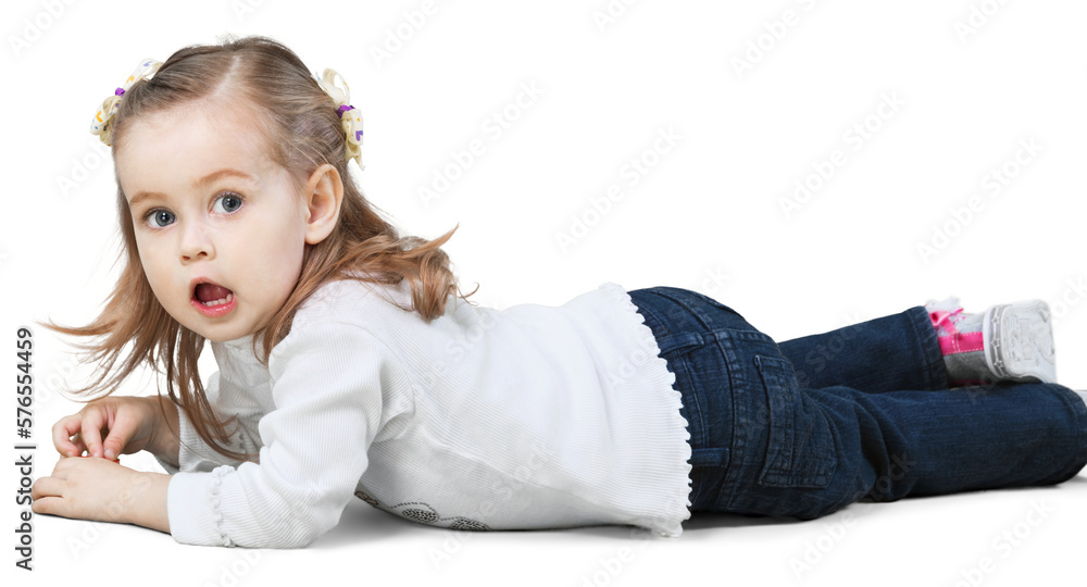 Cute little girl lying isolated on white background Cute little girl lying isolated on white background