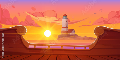 Sea sunset landscape with lighthouse on island, ship deck view. Cartoon vector background with house on rocky coast in ocean. Beacon building on harbor seascape at orange sunrise, evening or morning
