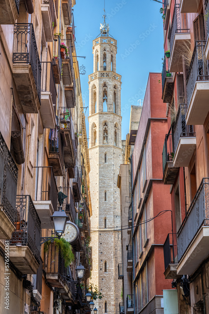 The famous Santa Maria del Mar church in Barcelona seen through a small alley
