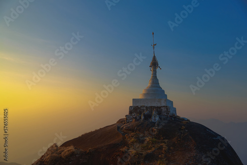 Top View Mulayit Taung golden light of the morning sun and the mist