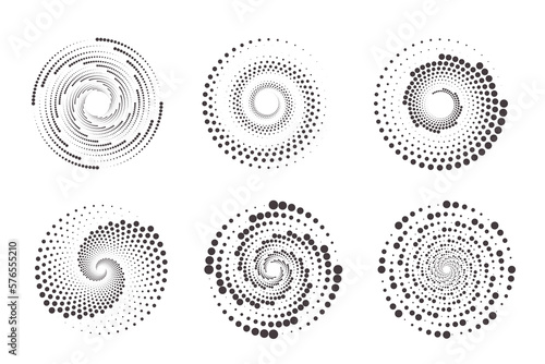 Dotted circles pattern. Abstract half tone graphic set. Circular textured round spiral frames. Vector swirl geometric rings with gradation.