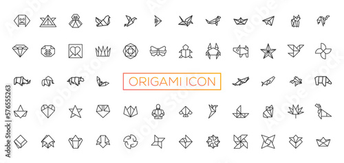 Papier peint Origami, animals folded from paper thin line icons: penguin, camel, fox, bear, fish, mouse, bird, elephant, kangaroo, hare, seal, raccoon