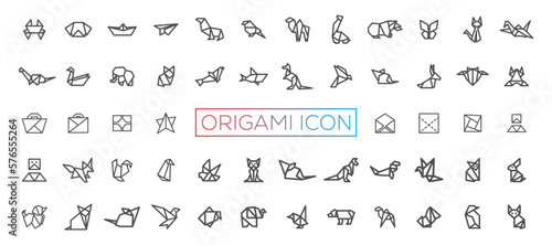 Origami, animals folded from paper thin line icons: penguin, camel, fox, bear, fish, mouse, bird, elephant, kangaroo, hare, seal, raccoon. Modern vector illustration