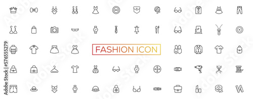 Clothes, Fashion Line Icons. Vector Illustration Included Icon as Jacket, Winter Coat, Sweatshirt, Dress, Hoody, Jeans, Hanger and other Apparel Flat Pictogram for Cloth Store