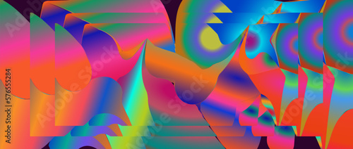 Vector gradient glitch digital art fluid shapes cyberspace pattern. Glowing chaotic tech backdrop. Vivid bright electric colors horizontal composition. Virtual reality vibrant colorful design template