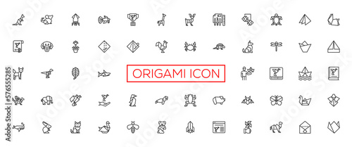 Origami, animals folded from paper thin line icons: penguin, camel, fox, bear, fish, mouse, bird, elephant, kangaroo, hare, seal, raccoon. Modern vector illustration