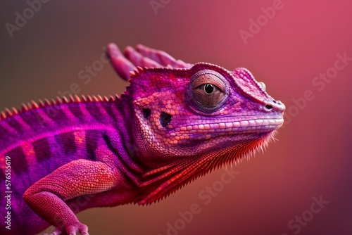 close up of a red color chameleon lizard on purple background  generative ai