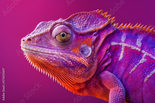 close up of a red color chameleon lizard on purple background  generative ai