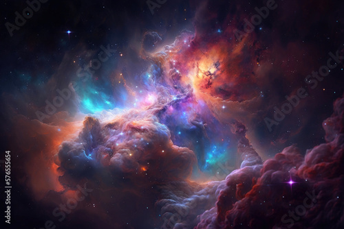 Deep space huge nebula with young stars. Outer space background. Generative AI © piai