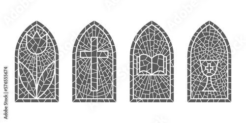 Church glass windows. Stained mosaic catholic frames with cross, book and religious symbols. Vector set isolated on white background