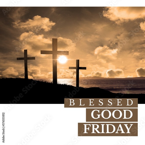 Image of blessed good friday text over clouds and crosses