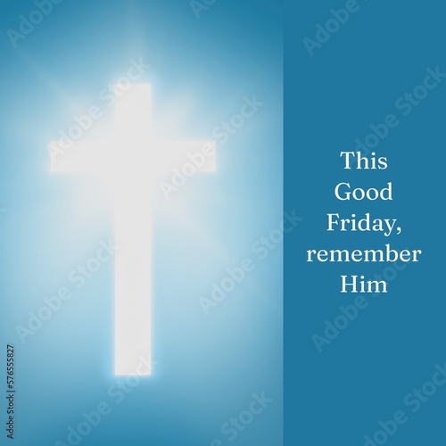 Image of good friday text over blue sky and cross