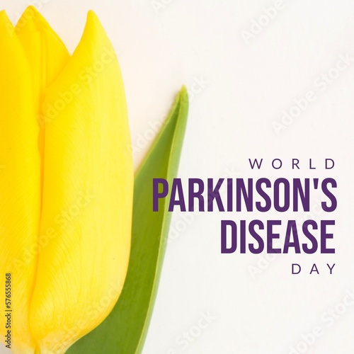 Image of world parkinson's day text over yellow flower with copy space