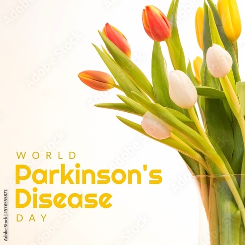 Image of world parkinson's day text over colourful flowers with copy space