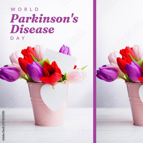Image of world parkinson's day text over colourful flowers in pot with copy space