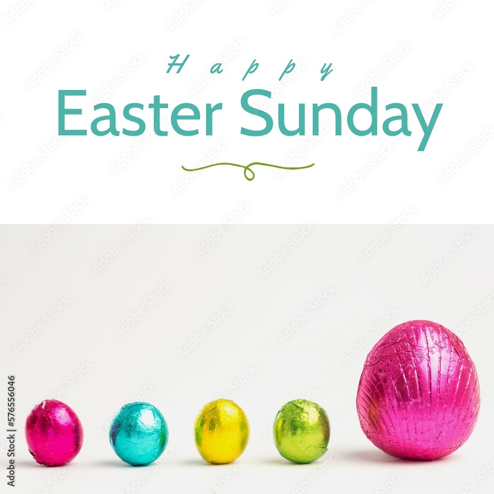 Image of happy easter sunday text over chocolate easter eggs and copy space Image of happy easter sunday text over chocolate easter eggs and copy space