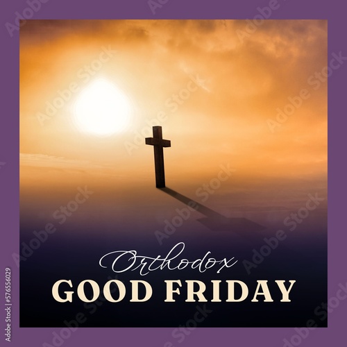 Image of good friday text over landscape with sun and cross