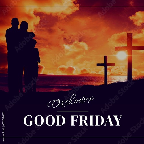 Image of good friday text over silhouette of family embracing and crosses