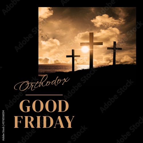 Image of good friday text over landscape and crosses