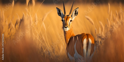 Male Gazelle in the grass golden hour generative ai