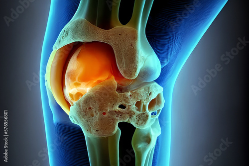 Print op canvas Knee meniscus, knee injury. Black background.